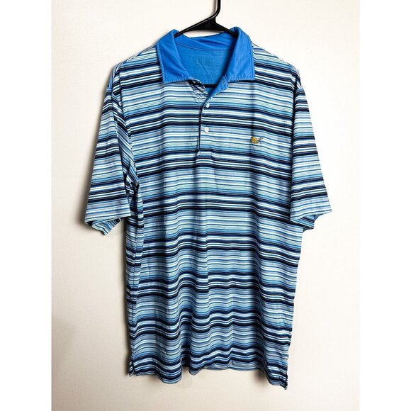 Yellow Hammer Bird Logo Polo Golf Shirt Blue Striped Mens Medium - Picture 1 of 5